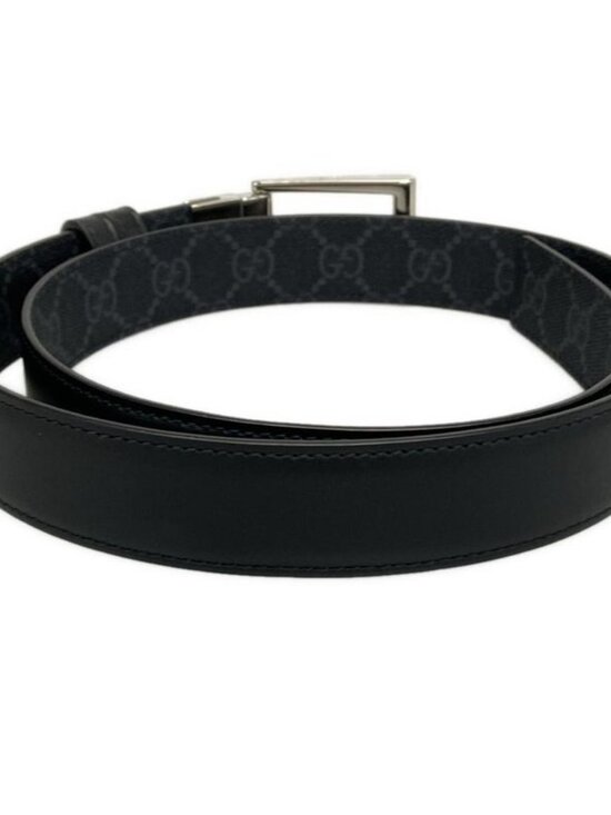 Gucci Belt GG Supreme Black Gray Silver Reversible Square Buckle Leather main image 4